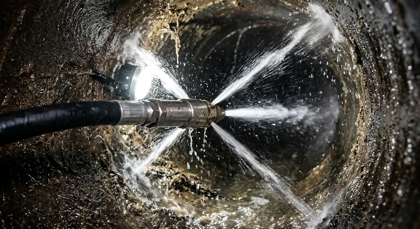 High-pressure hydro jetting nozzle cleaning sewer pipe for Sewer Cleanout in Grinnell