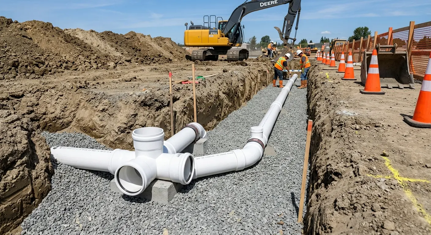 New PVC sewer pipe installation in open trench for Sewer Backup in Grinnell