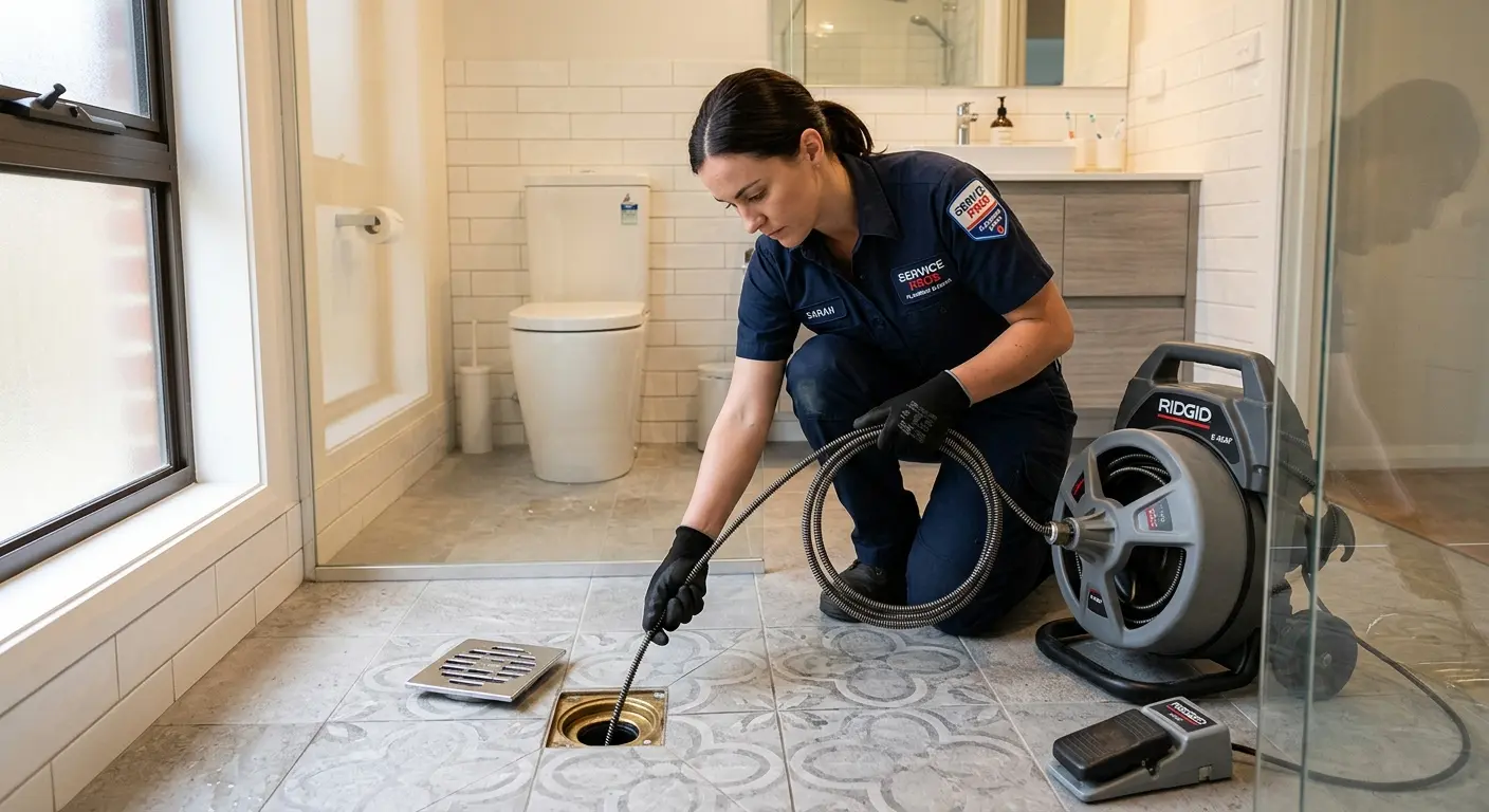 Technician clearing a bathroom floor drain for Drain Cleaning in Grinnell